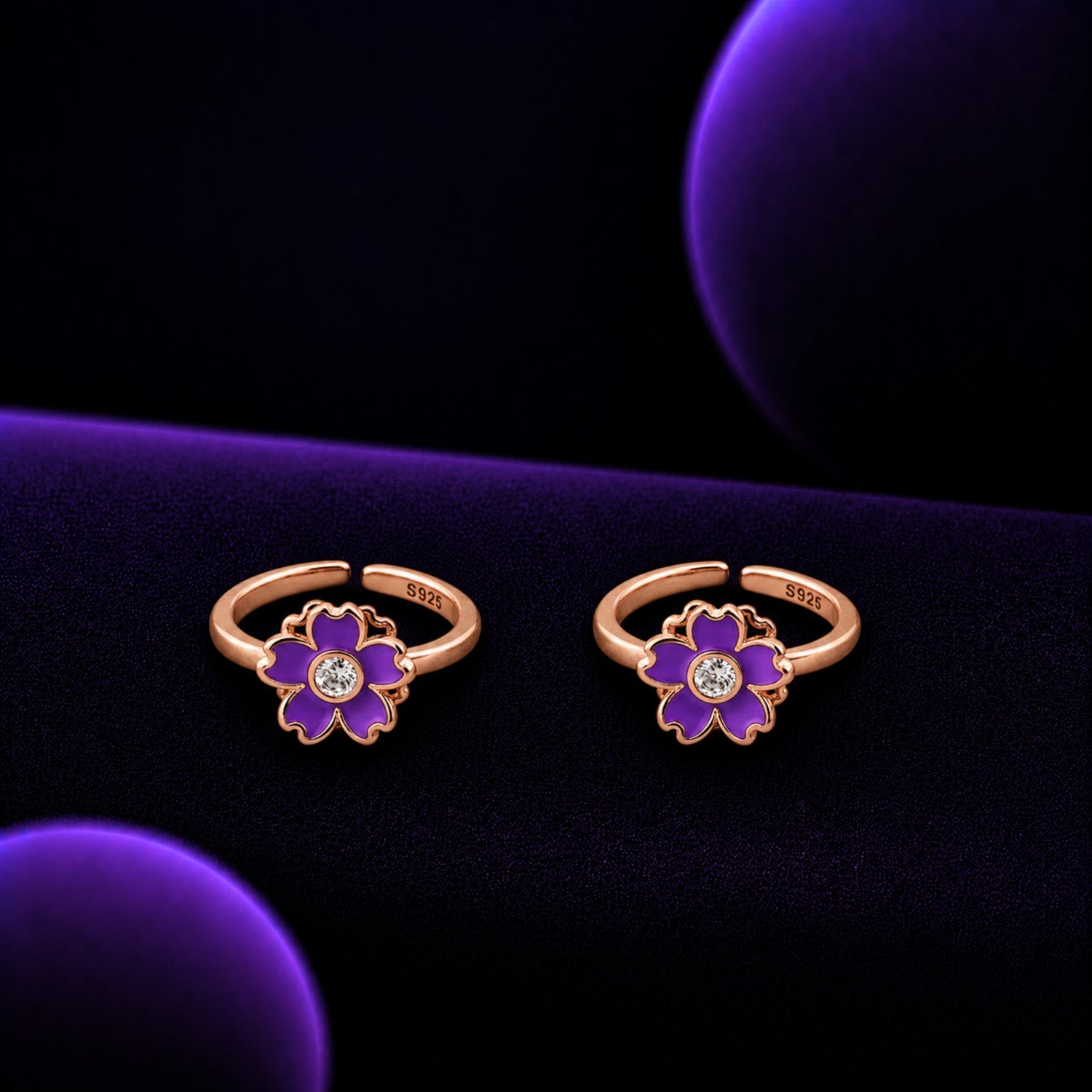 Royal Violet Sakura Adjustable 925 Silver Rose Gold Toe Rings
