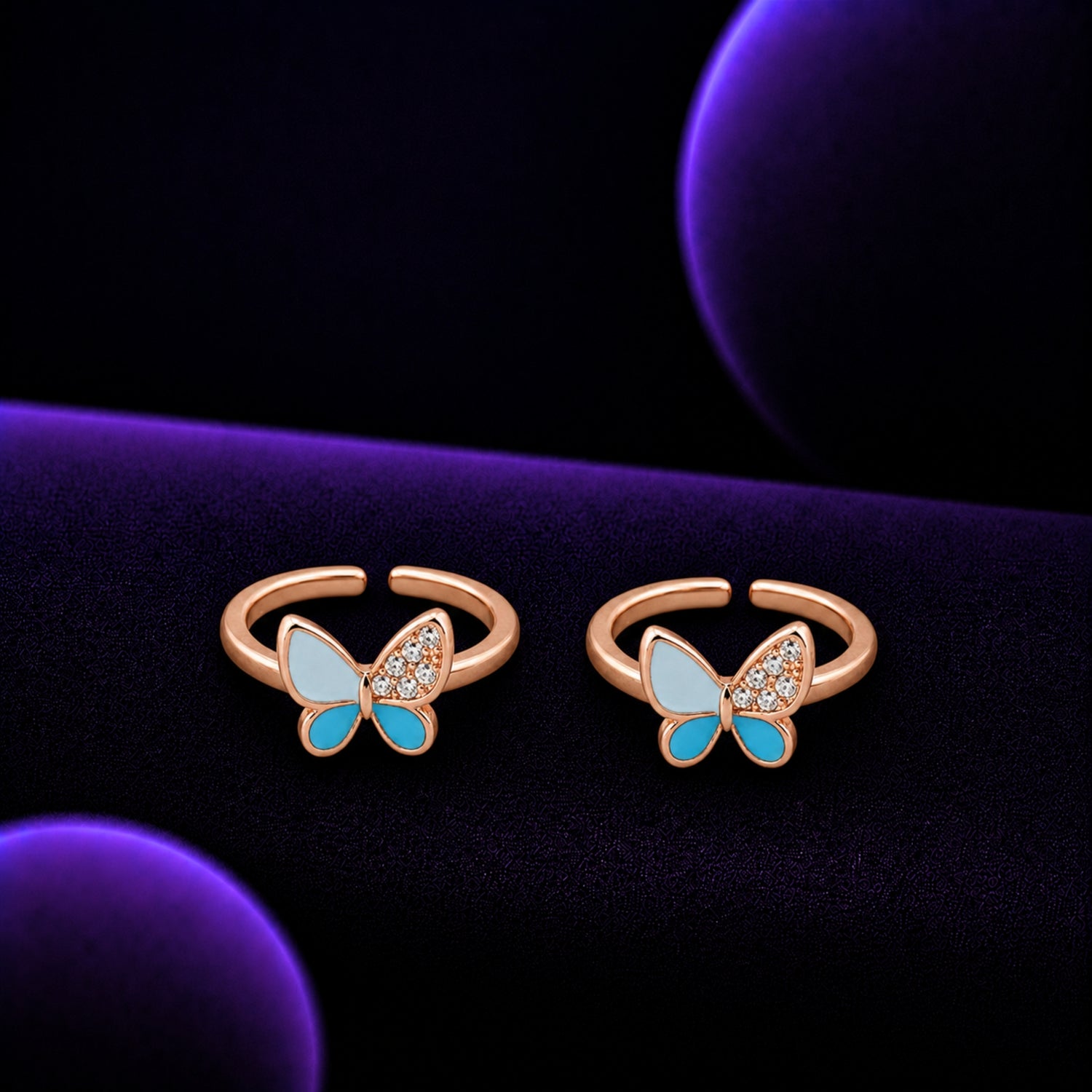 Cerulean Dream Butterfly Adjustable 925 Silver Rose Gold Toe Rings