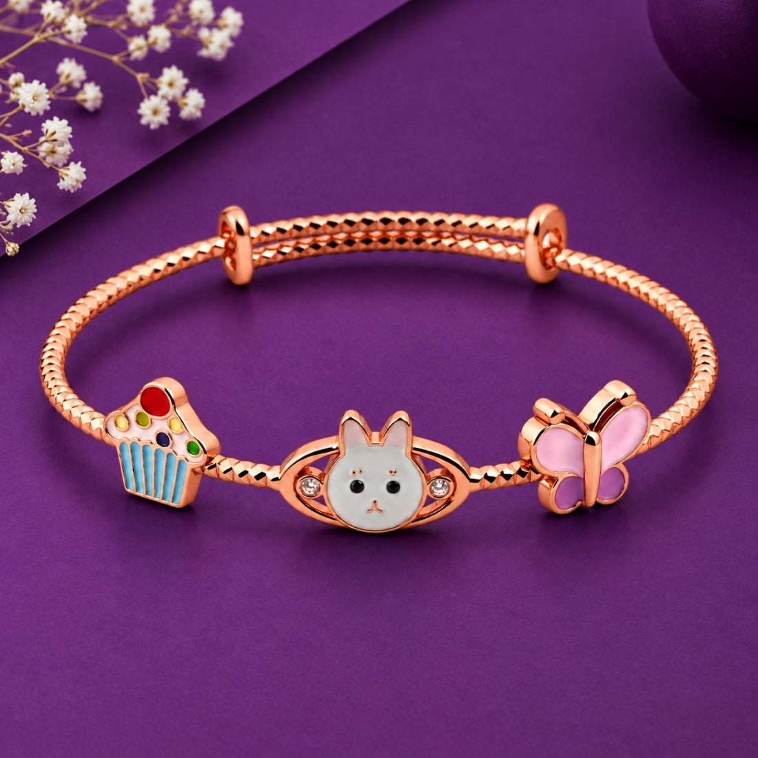 Whimsical Bunny & Cupcake 925 Sterling Silver Adjustable Kids Kadas (Rose Gold Finish)