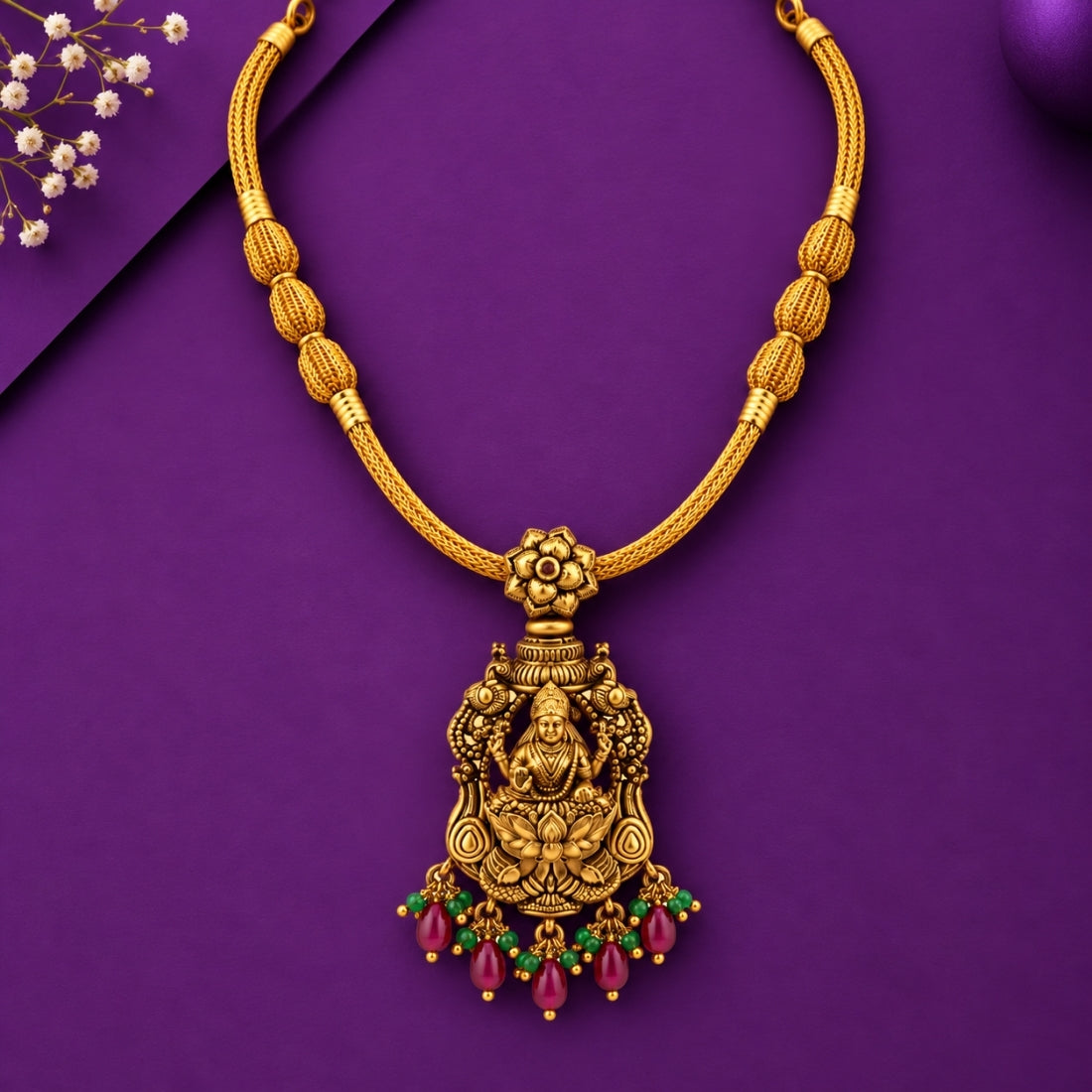 Sri Vara Lakshmi Floral Antique Tubular Silver Necklace