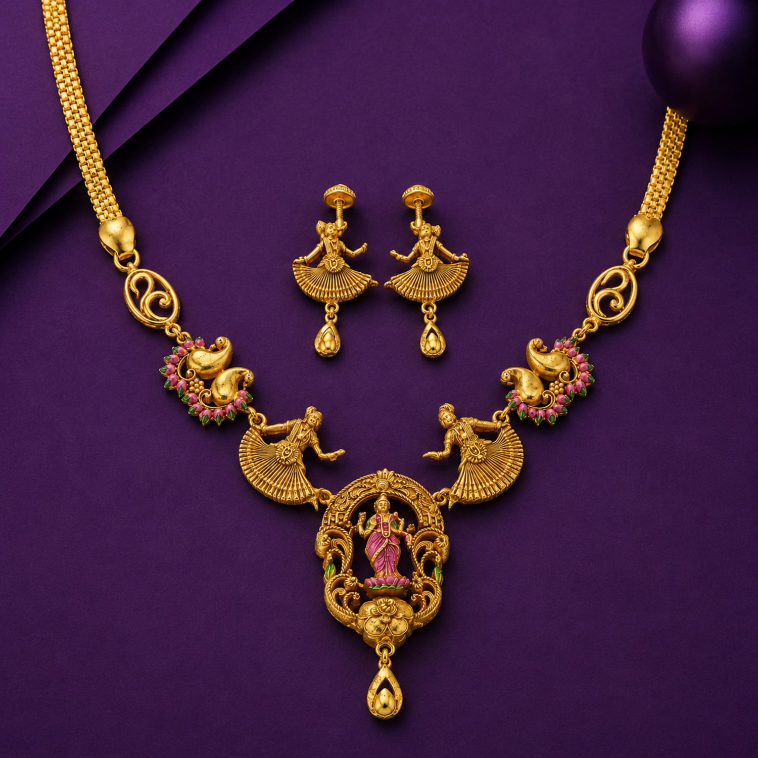 The Nritta Lakshmi 925 Silver Temple Necklace Set