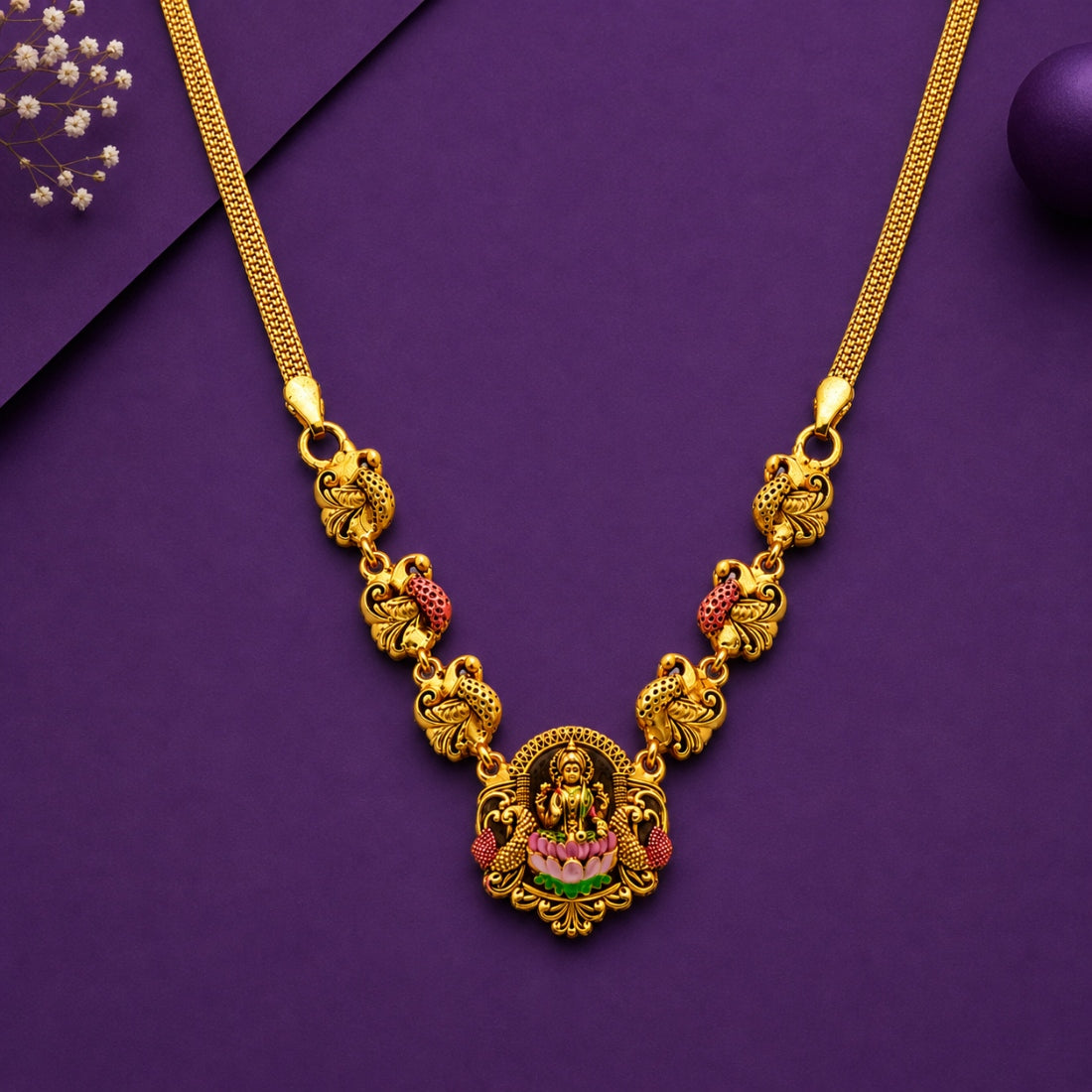 The Mayura Gajalakshmi Enamel Hasli Necklace (Gold-Plated 925 Sterling Silver)