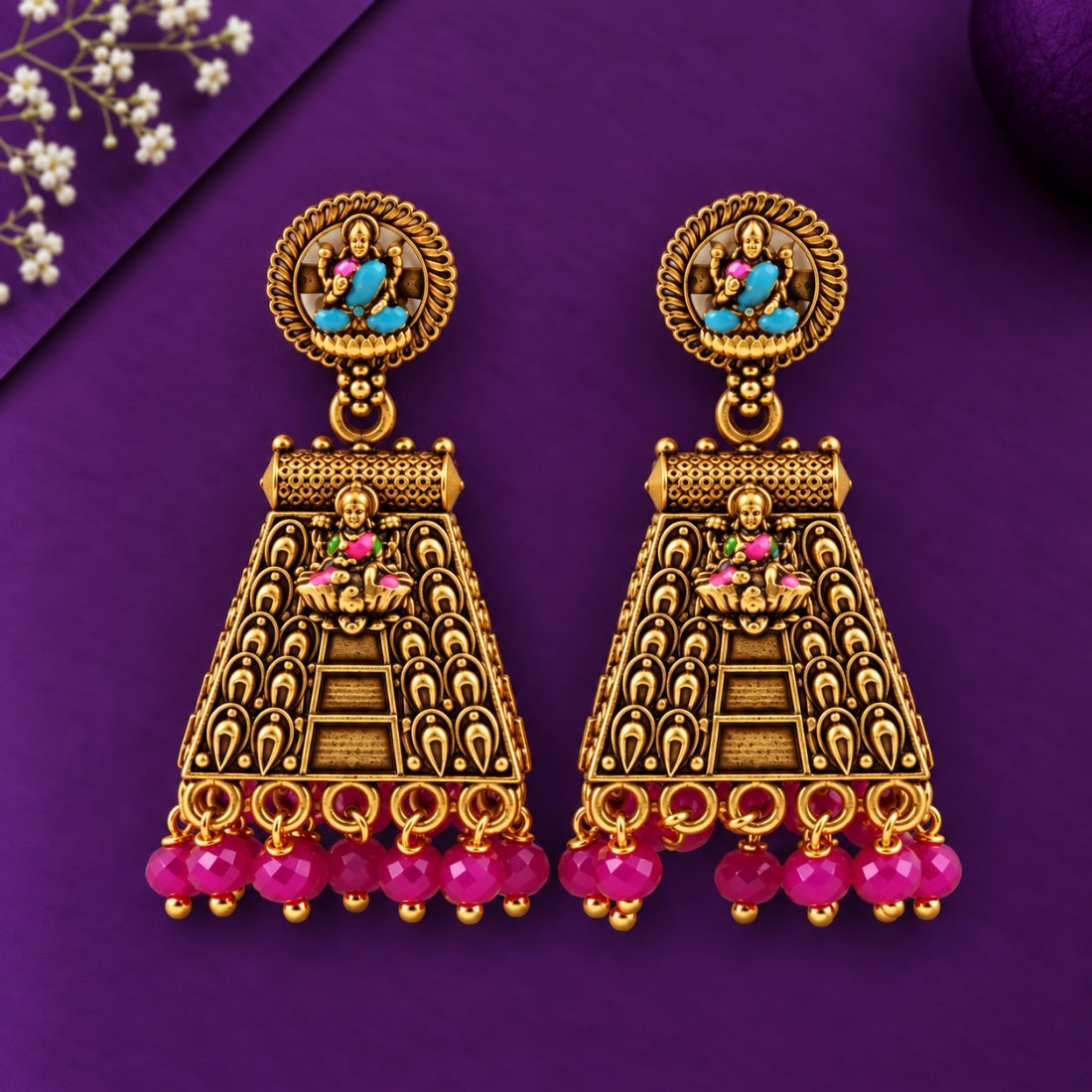 The Lakshmi Mandapam Cyan & Fuchsia Heritage Jhumkas