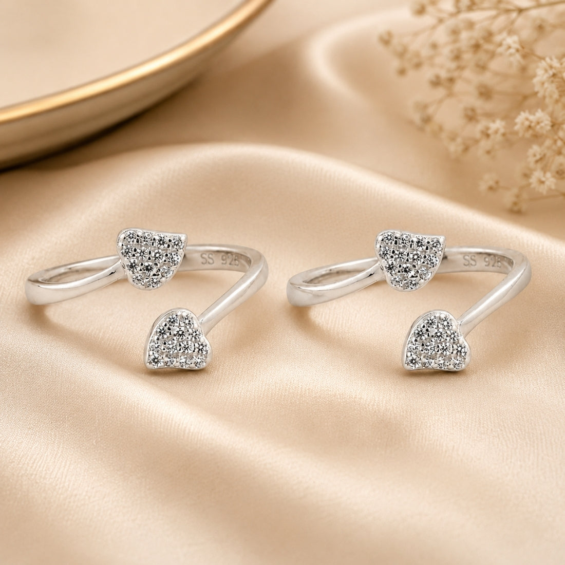 The Amoret Dual Heart Silver Toe Rings (925 Sterling Silver Pair)