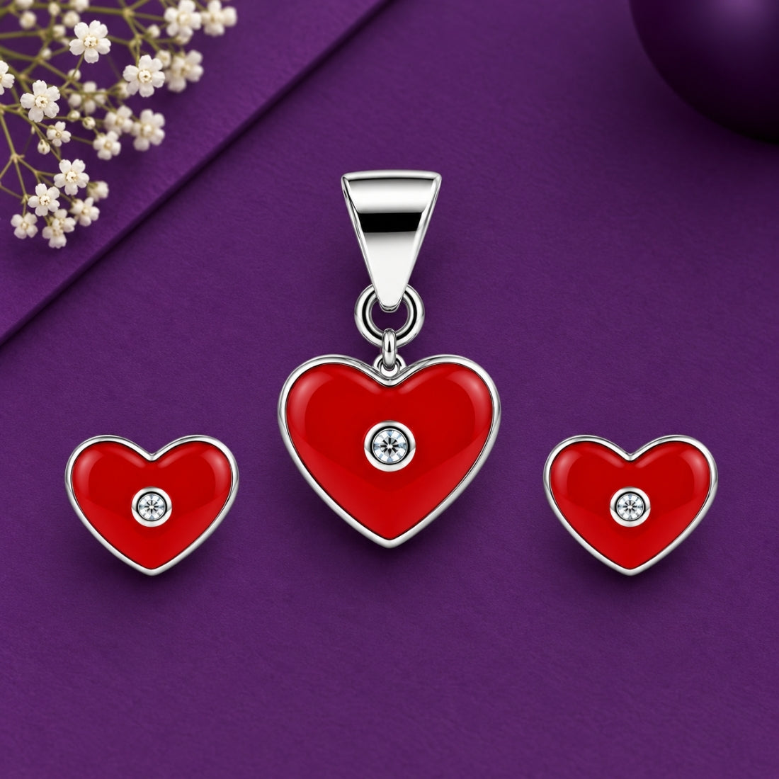 Sweetheart Sparkle 925 Sterling Silver Red Enamel Pendant & Stud Earring Set for Kids