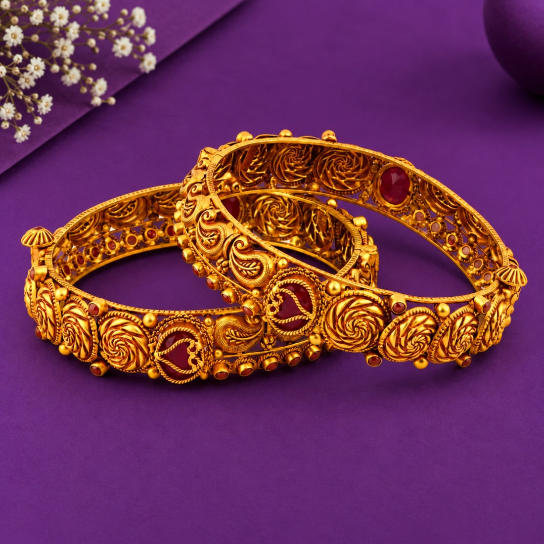 Vintage Ruby Red & Gold Embossed Floral Temple Bangles