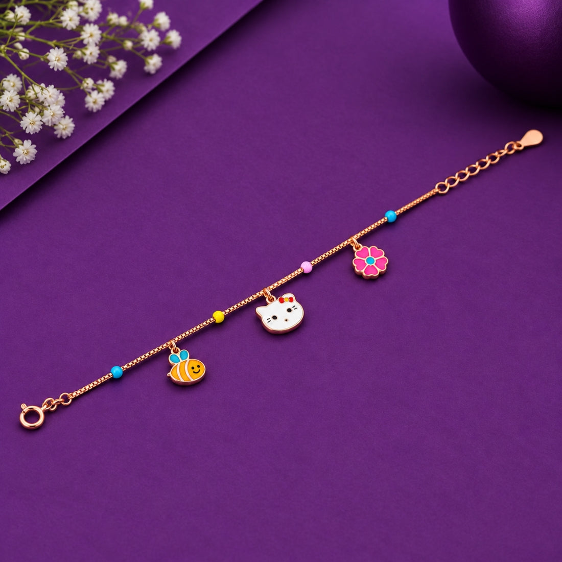 Garden Party 925 Sterling Silver Rose Gold Kitty & Bumblebee Kids Charm Bracelet