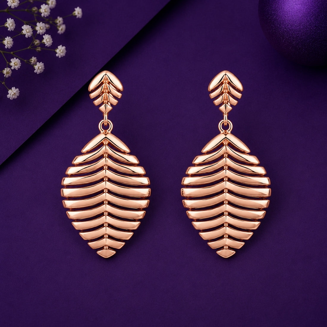 Botanical Ridge Rose Gold Leaf Drop Earrings