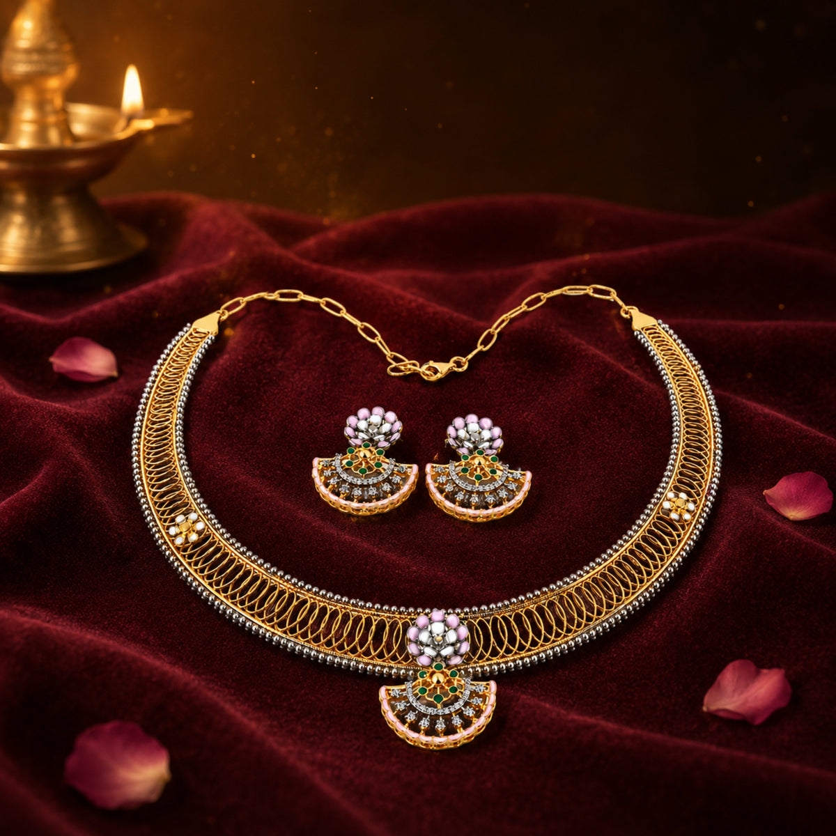 Maharani Heritage 925 Sterling Silver Antique Filigree Choker & Earring Set