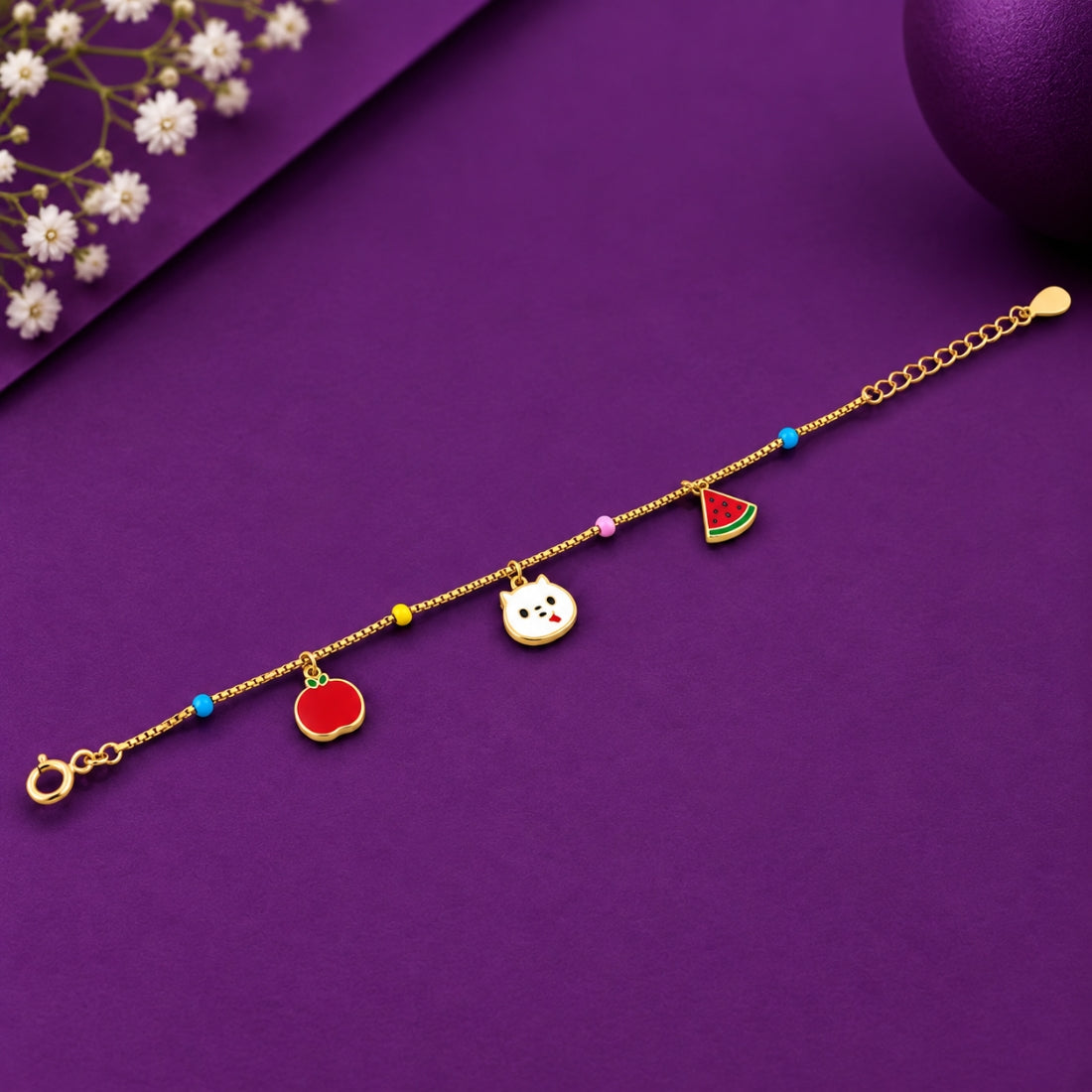 Kitty & Fruit Party 925 Sterling Silver Enamel Multi-Charm Kids Bracelet