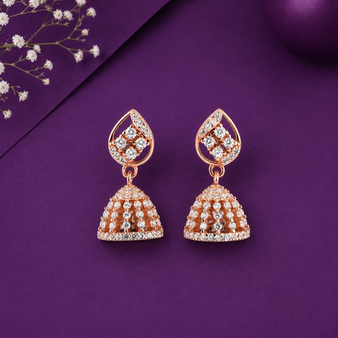 Dewdrop Lattice Rose Gold Jhumka Earrings