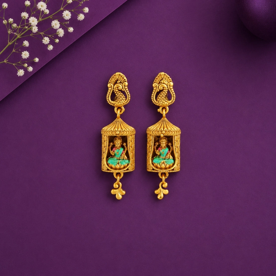 The Shrinika Turquoise Shrine Jhumkas (Gold-Plated 925 Sterling Silver)
