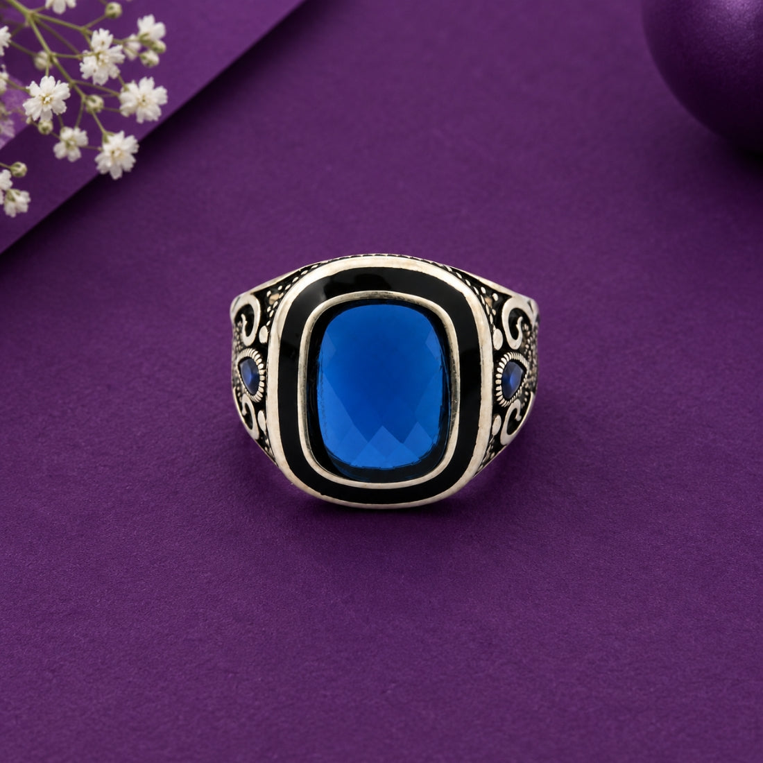 The Ottoman Royal Blue Sapphire Signet 925 Silver Ring