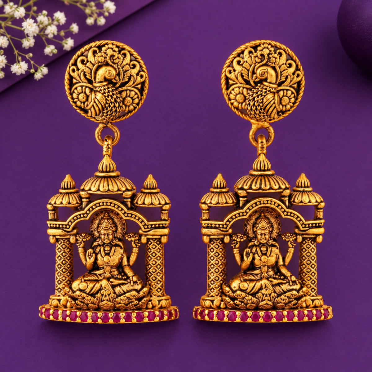 The Heritage Mandapam: Divine Lakshmi Temple 925 Silver Gold Polish Drop Earrings