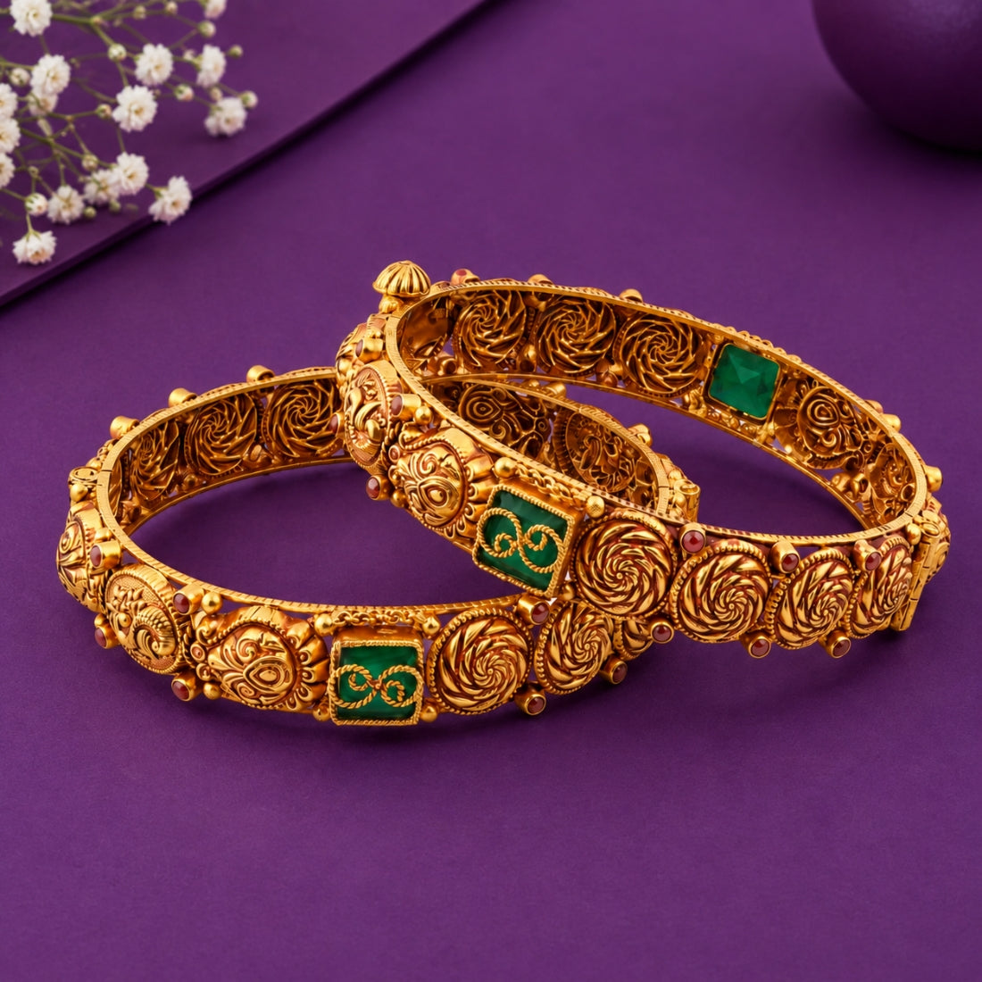 The Vedic Heritage – Handcrafted 925 Silver Gold-Plated Nakshi Bangles pair