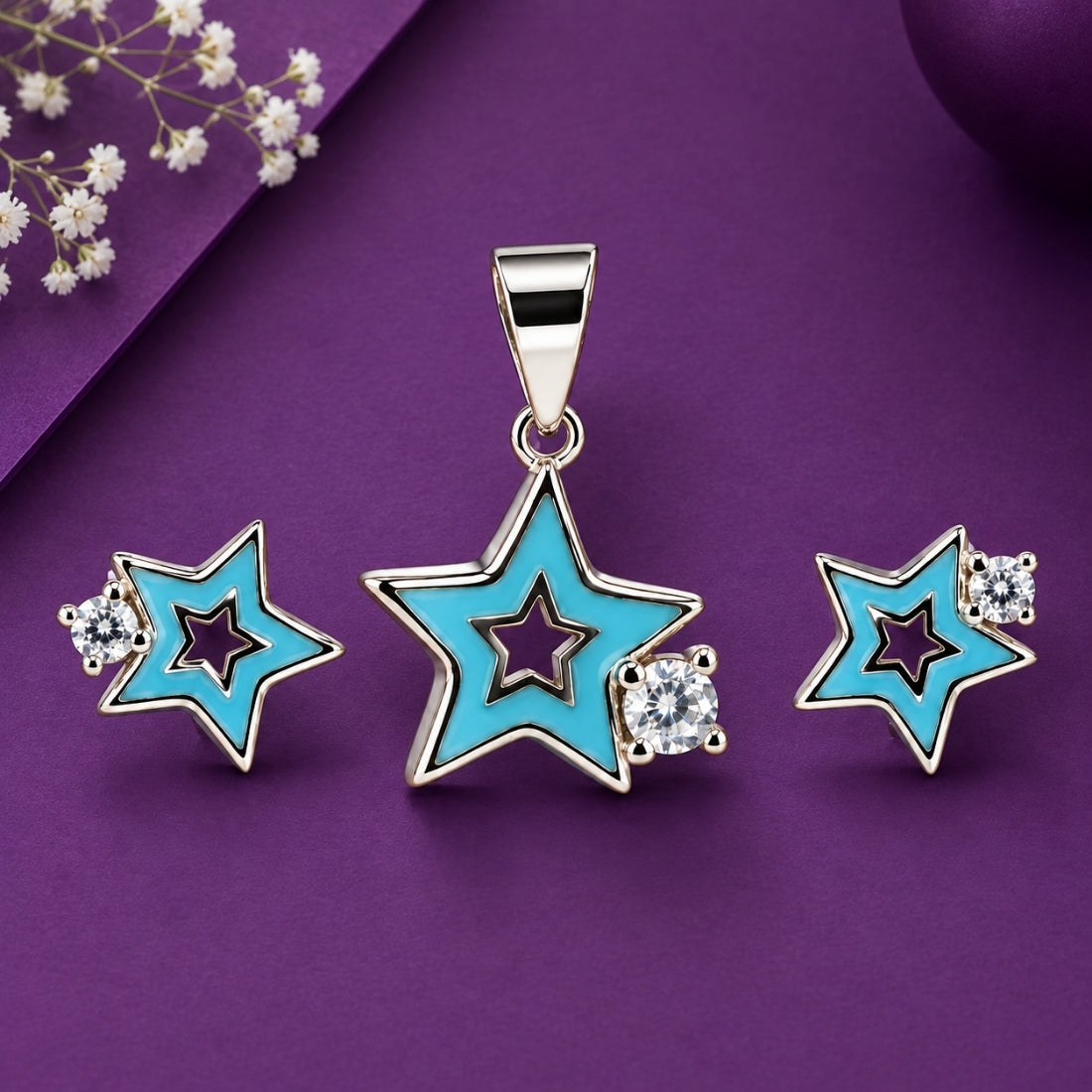 Enchanted Nebula 925 Sterling Silver Turquoise Star Pendant & Stud Set