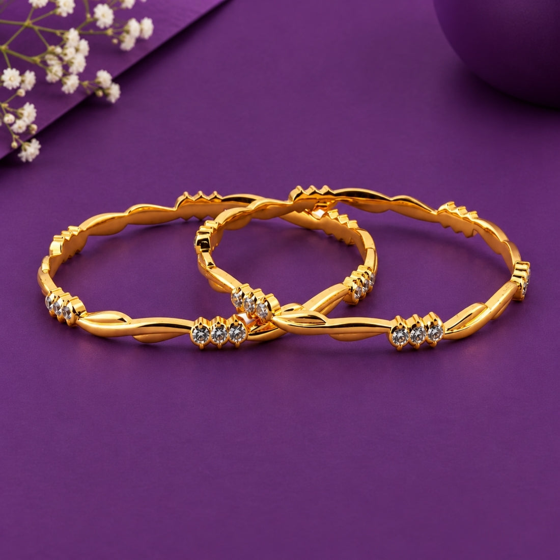 The Trishul Wave Cubic Zirconia Stackable Bangles (Set of 2 in 925 Sterling Silver with 24K Gold Polish)