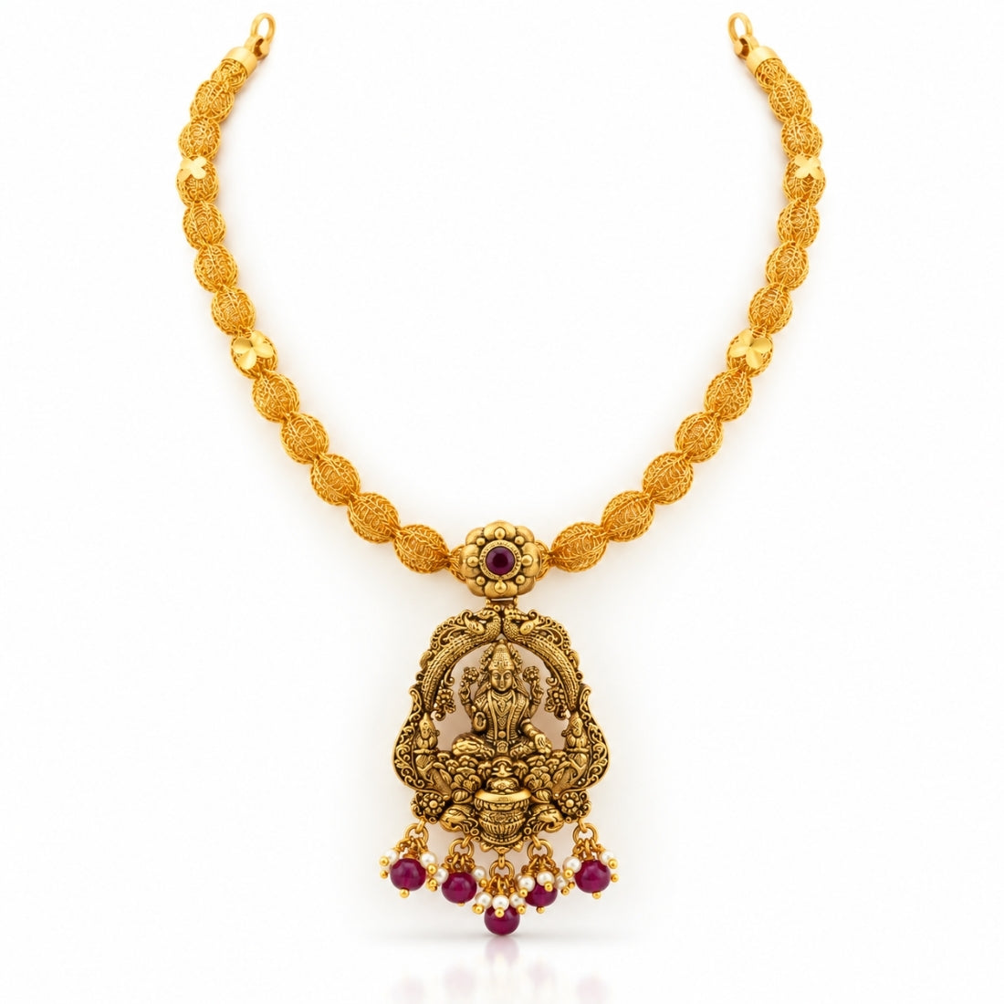 Sri Vara Lakshmi Textured Bead Antique Silver Necklace