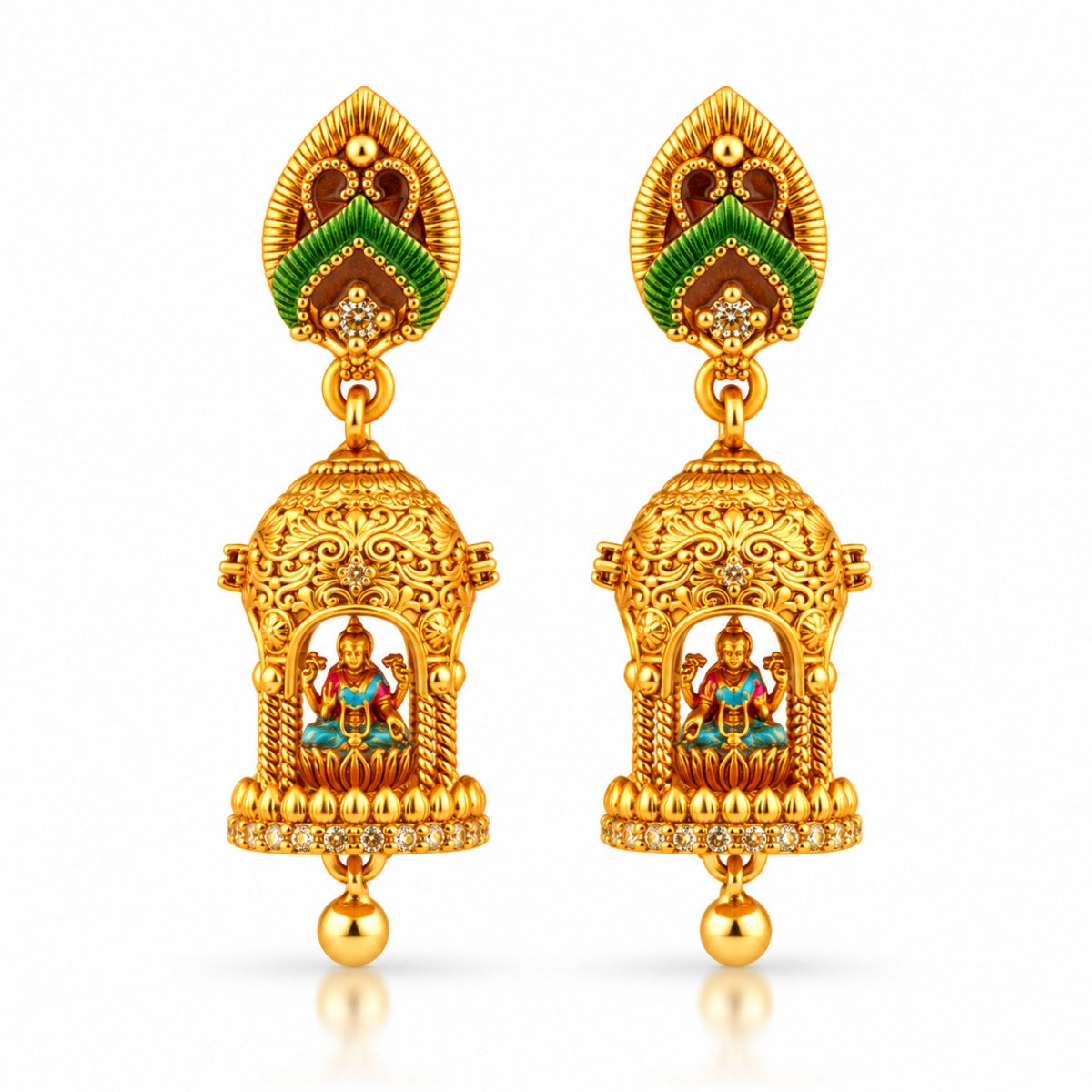 Divine Goddess Lakshmi Temple Arch 925 Sterling Silver Gold Plated Jhumka Earrings