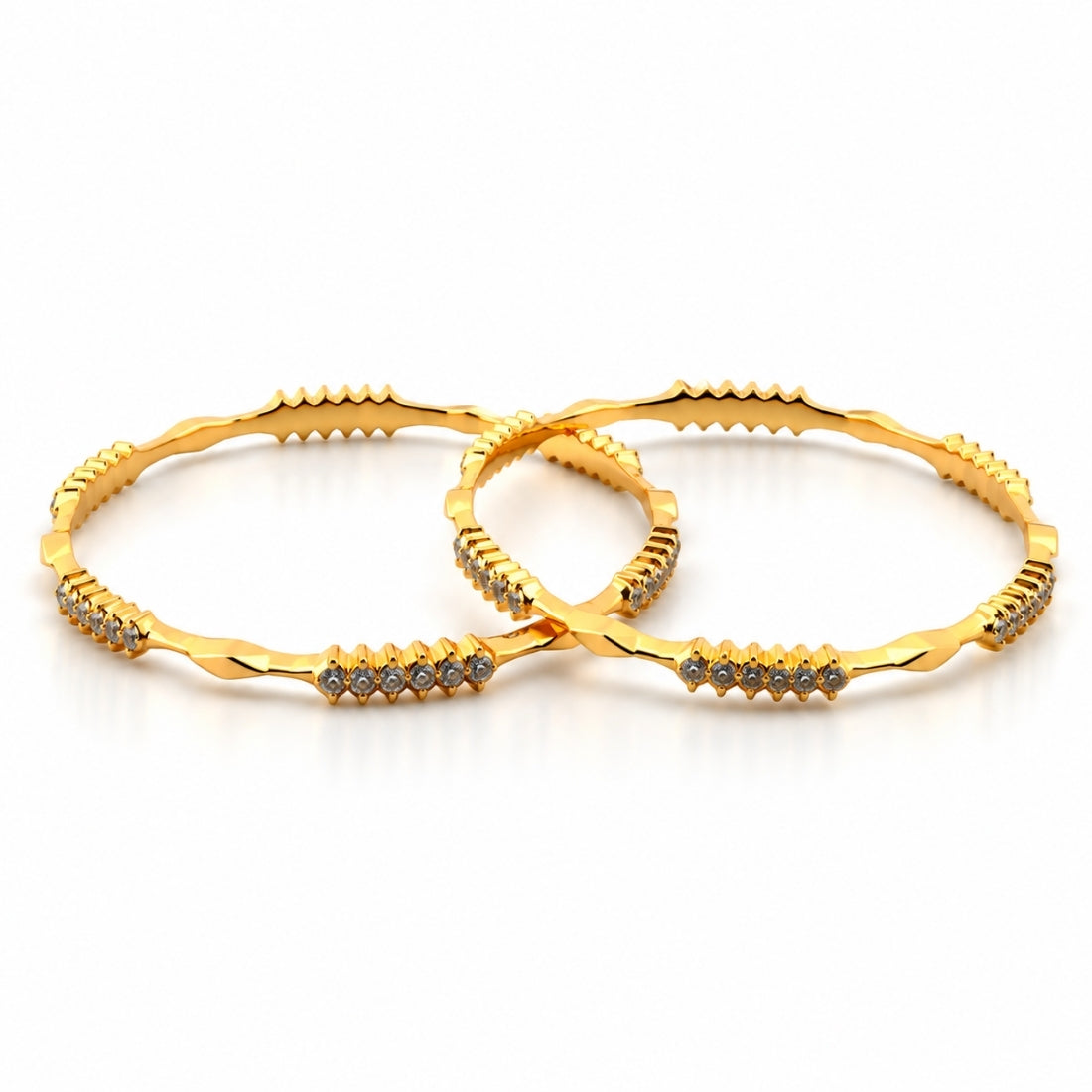 The Imperial Wave Diamond-Ribbed Stackable Bangles (Set of 2 in 925 Sterling Silver with Premium 24K Gold Polish)
