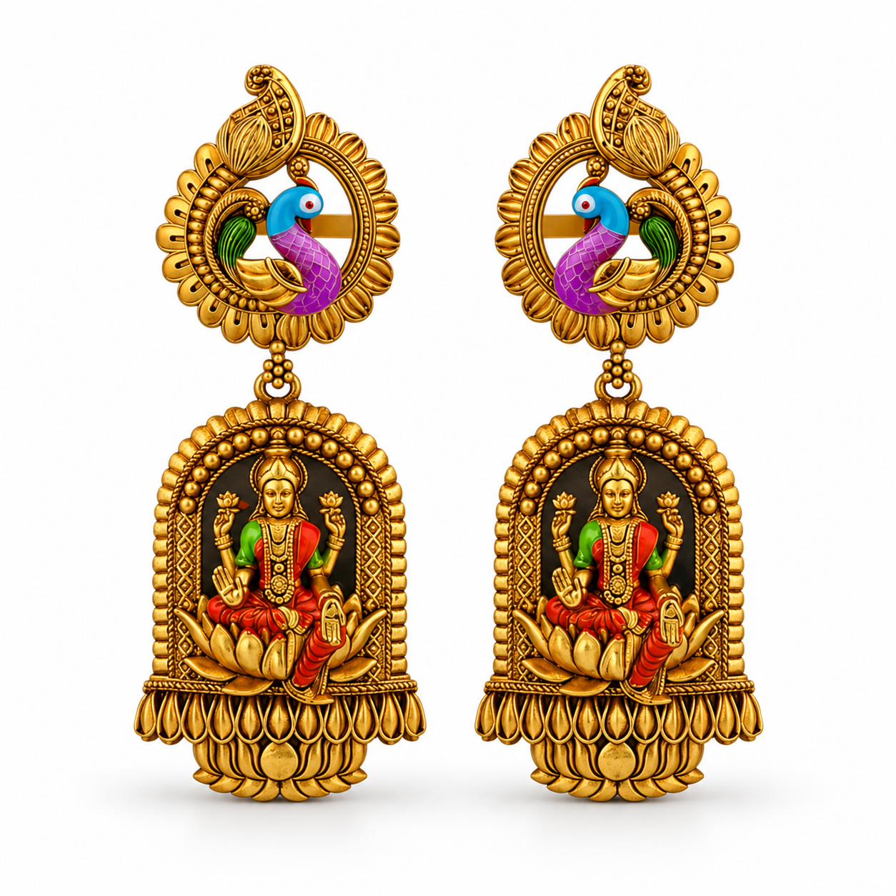 Imperial Peacock Stud Lakshmi Shrine Gold-Plated 925 Silver Drops