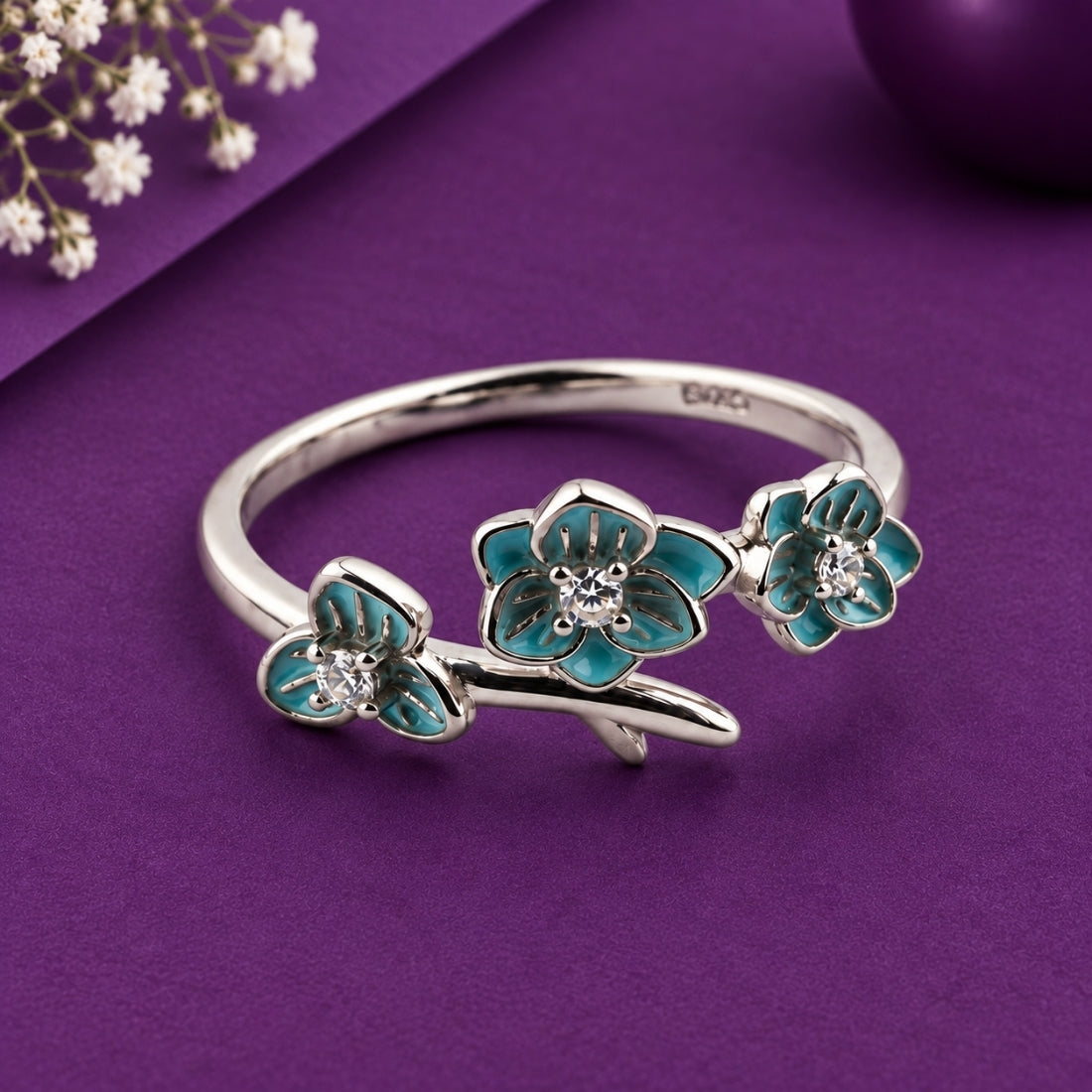Dainty Turquoise Blossom 925 Silver Ring