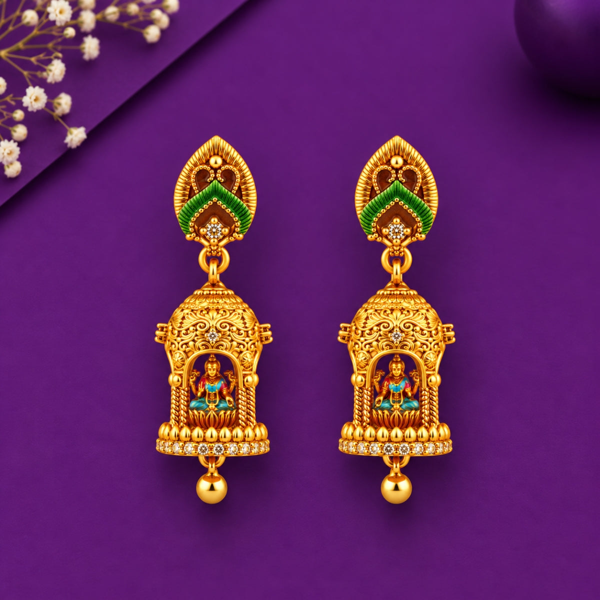 Divine Goddess Lakshmi Temple Arch 925 Sterling Silver Gold Plated Jhumka Earrings