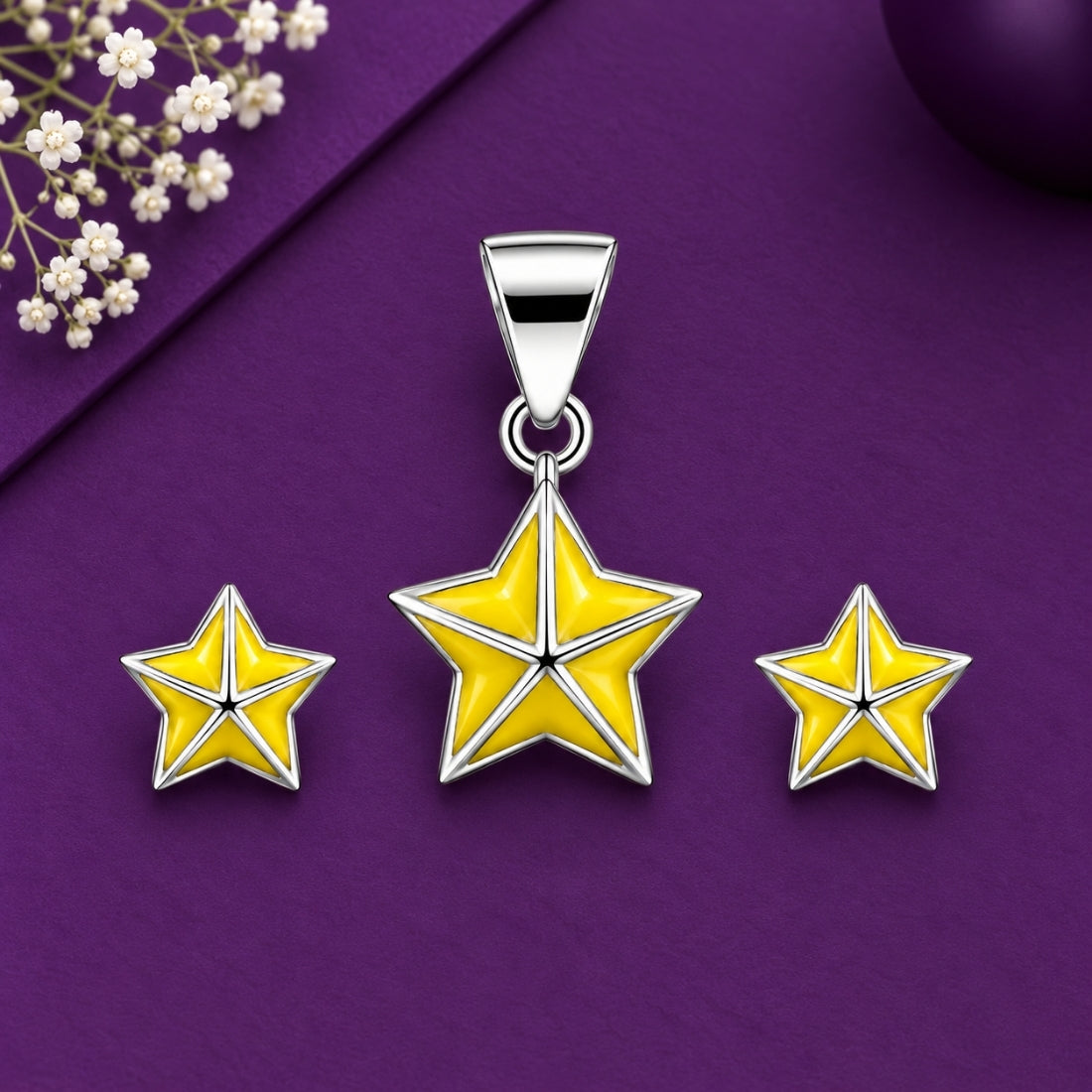 Starlight Bright 925 Sterling Silver Faceted Yellow Enamel Pendant & Stud Earring Set for Kids