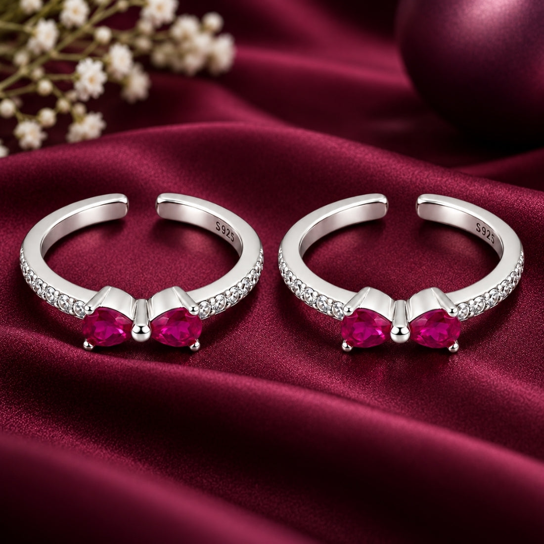 The Coquette Ruby Bow 925 Silver Toe Rings (Pair)