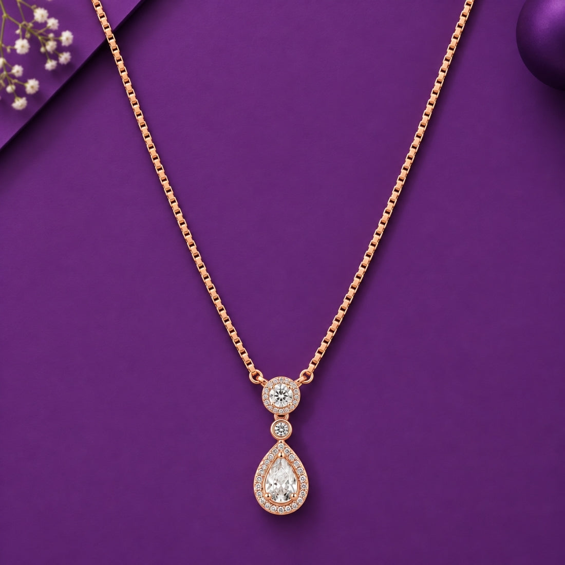 The Royal Aura Teardrop Halo Rose 925 Silver Chain