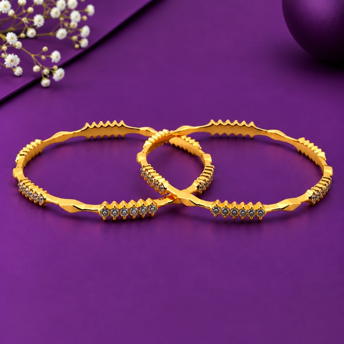 The Imperial Wave Diamond-Ribbed Stackable Bangles (Set of 2 in 925 Sterling Silver with Premium 24K Gold Polish)