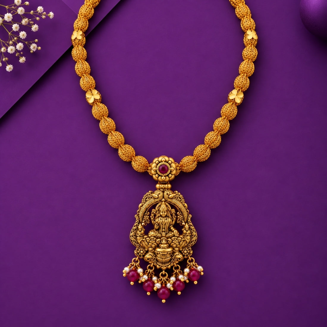 Sri Vara Lakshmi Textured Bead Antique Silver Necklace