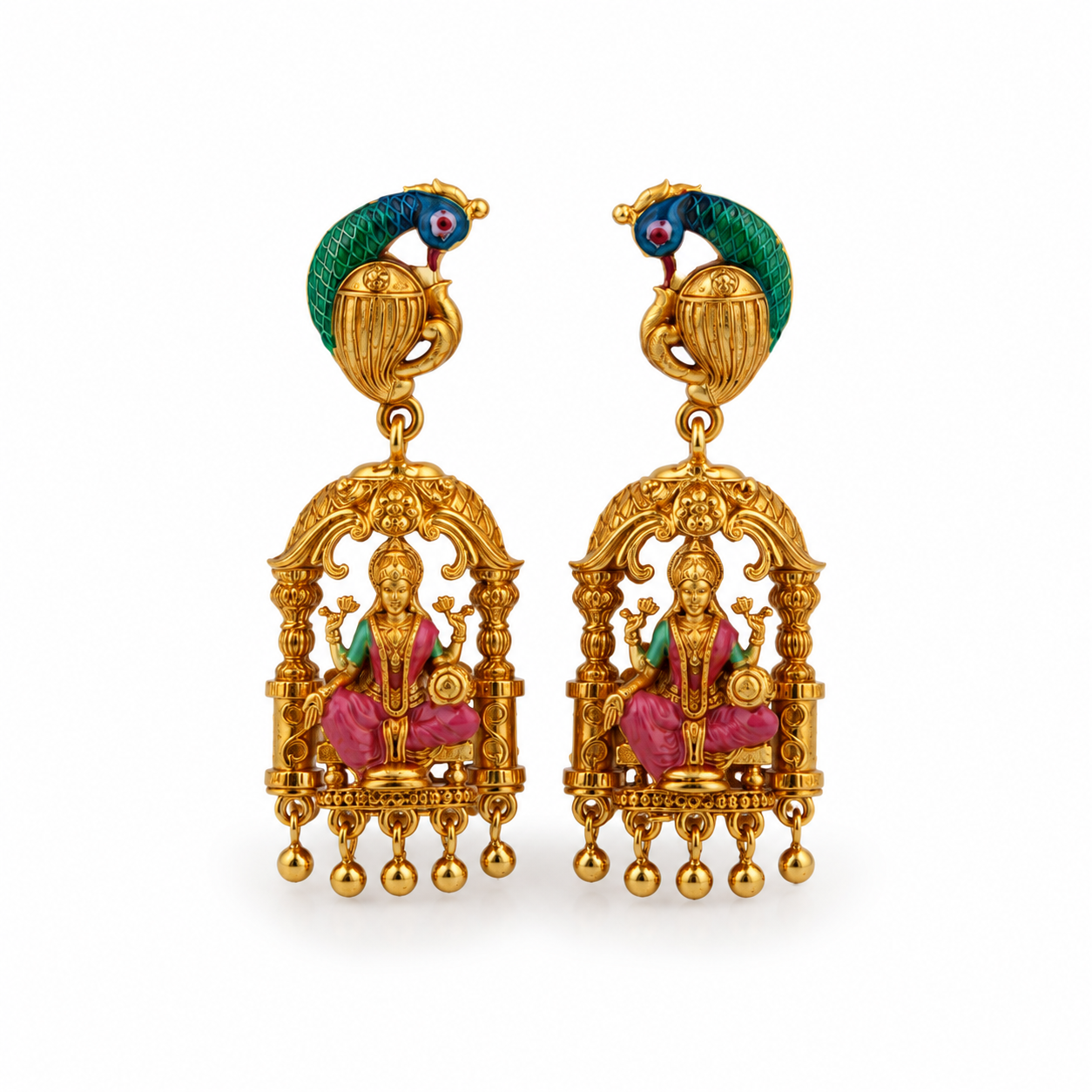 Divine Peacock & Lakshmi Arch Gold-Plated 925 Silver Drops