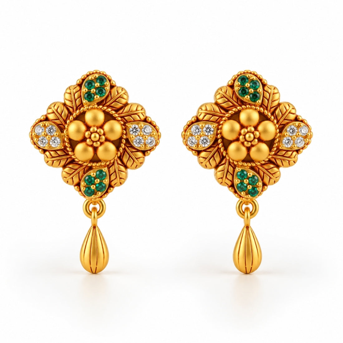 Vasantika Mandala 925 Sterling Silver Emerald & Crystal Temple Dangle Earrings