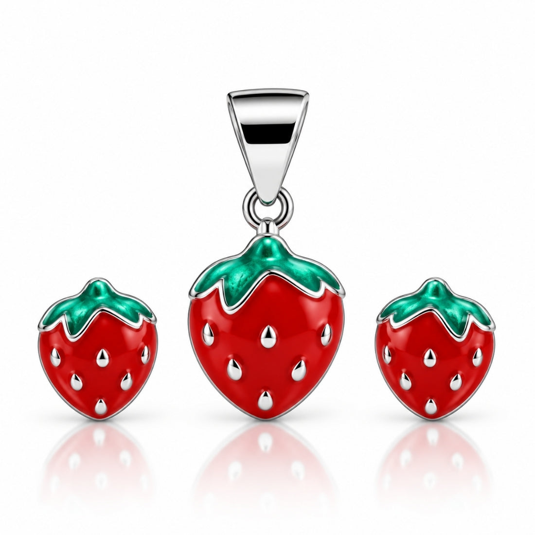 Sweet Strawberry 925 Sterling Silver Enamel Pendant & Stud Earring Set for Kids