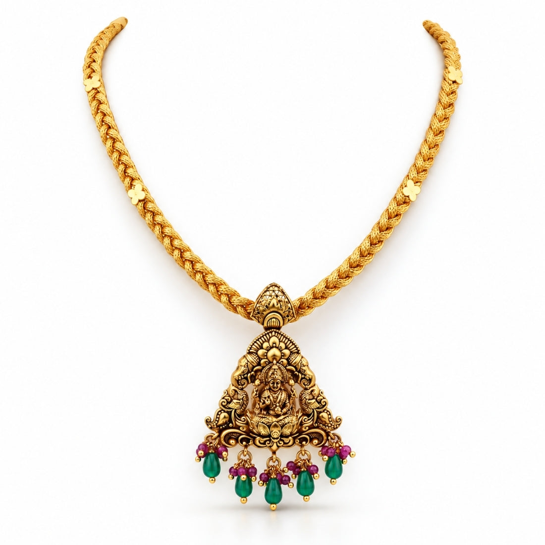 22K Gold Plated 925 Silver Braided Rope Lakshmi Teardrop Pendant