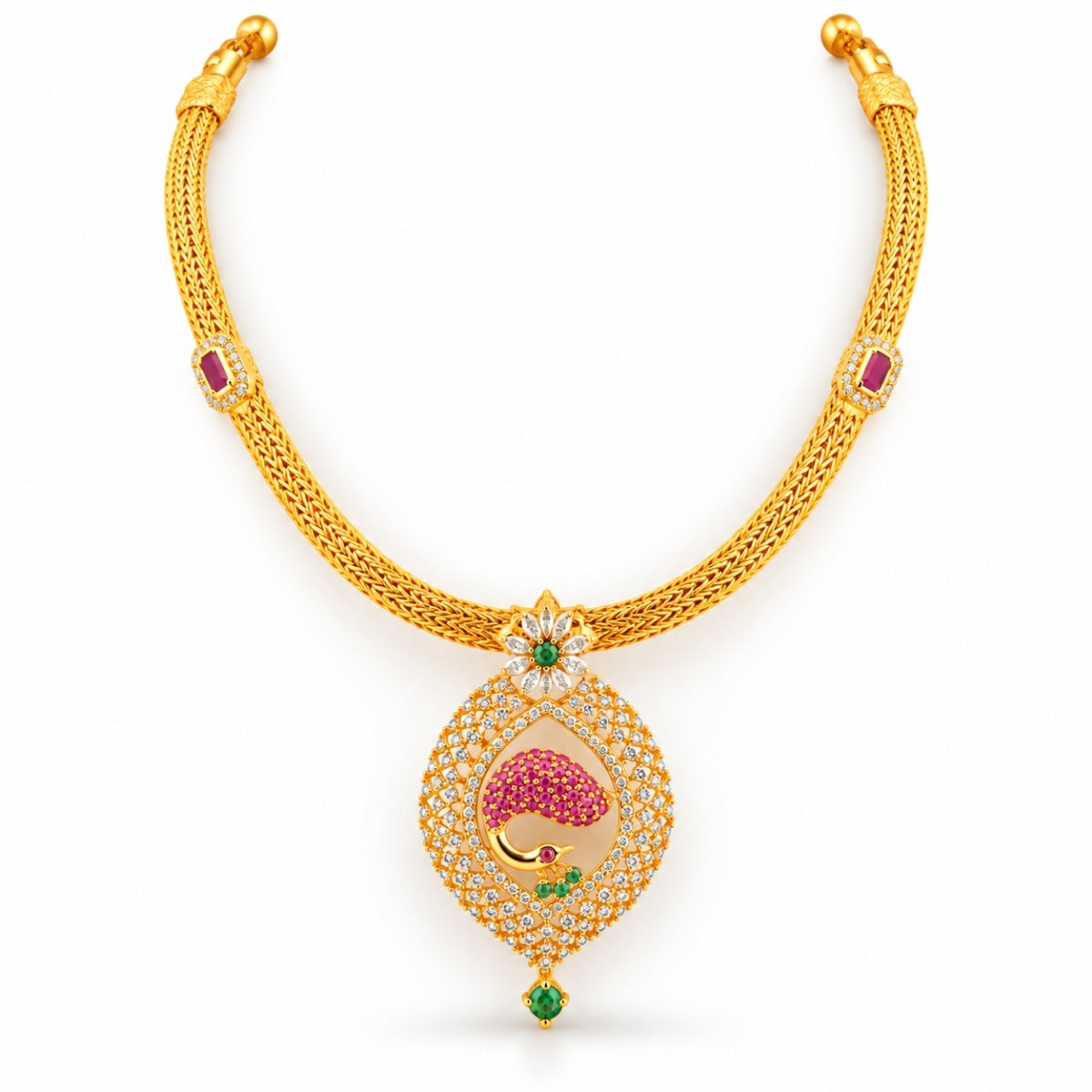 The Mayura Kalika CZ 925 Silver Gold Plated Attigai Necklace