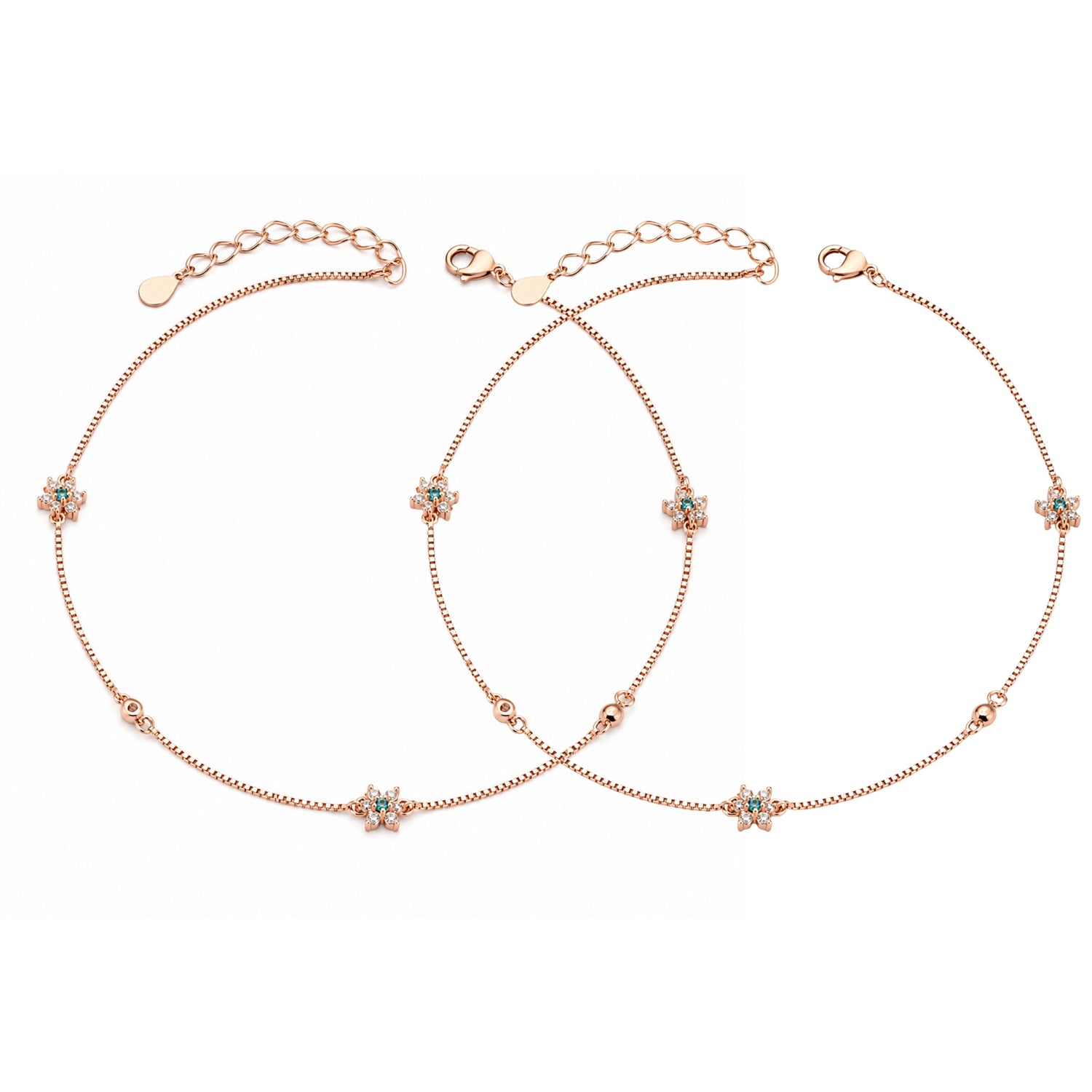 The Rose Gold Floral Blossom Station Anklet Pair