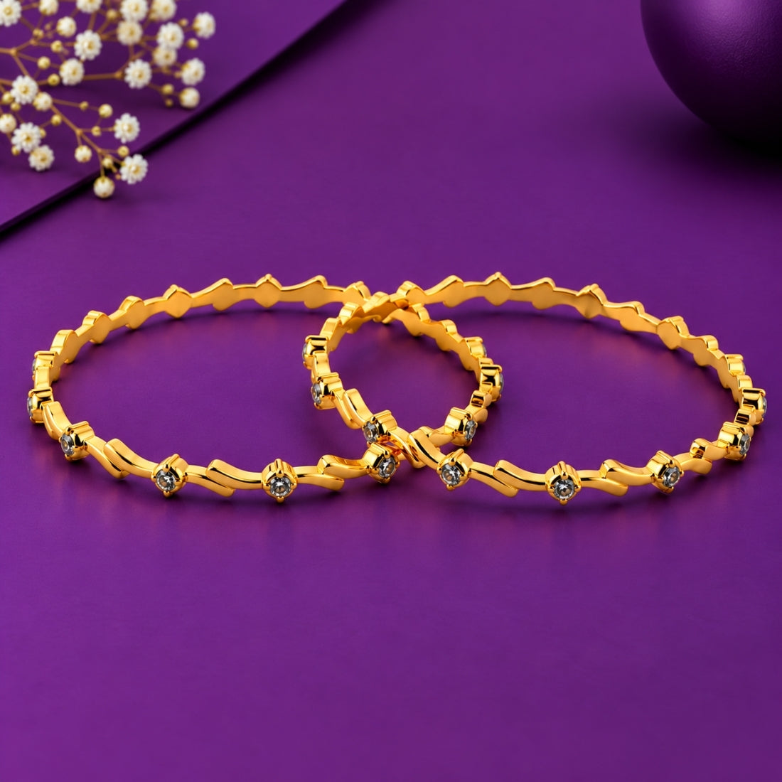 The Celestial Crown Zigzag Stackable Bangles (Set of 2 in 925 Sterling Silver with Radiant 24K Gold Polish)