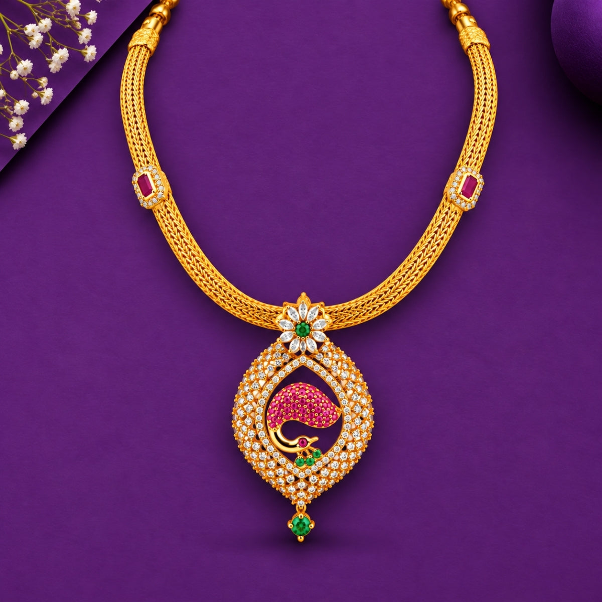 The Mayura Kalika CZ 925 Silver Gold Plated Attigai Necklace