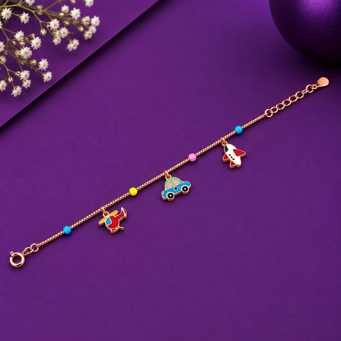 Little Racer 925 Sterling Silver Rose Gold Transport Multi-Charm Kids Bracelet