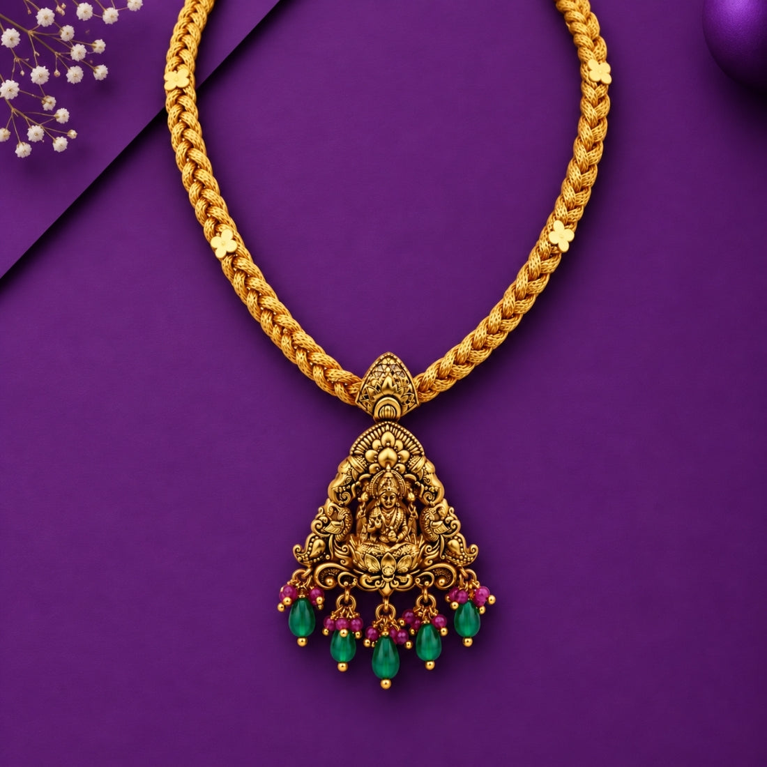 22K Gold Plated 925 Silver Braided Rope Lakshmi Teardrop Pendant