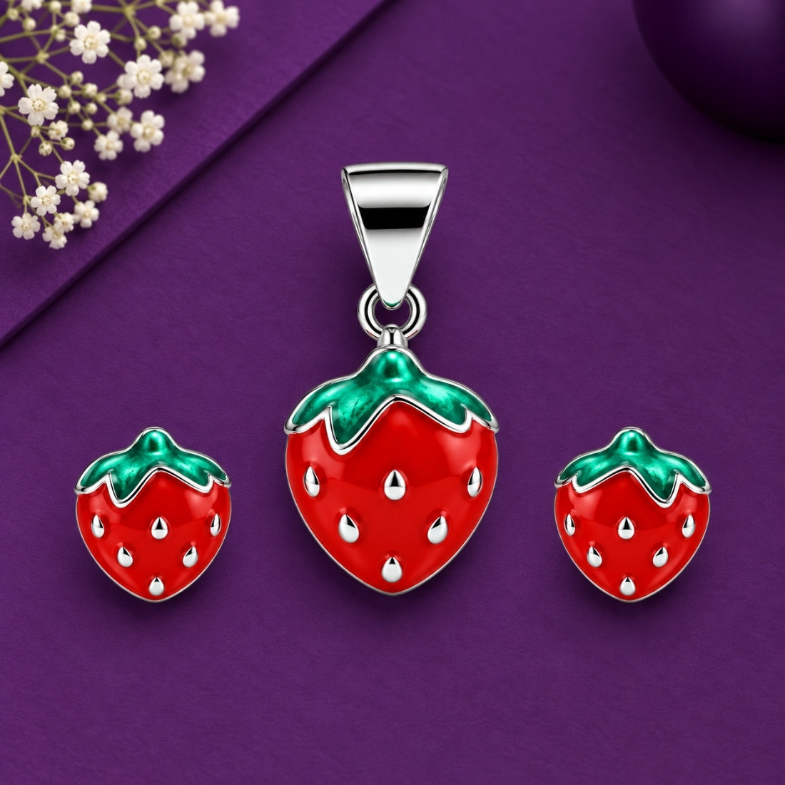 Sweet Strawberry 925 Sterling Silver Enamel Pendant & Stud Earring Set for Kids