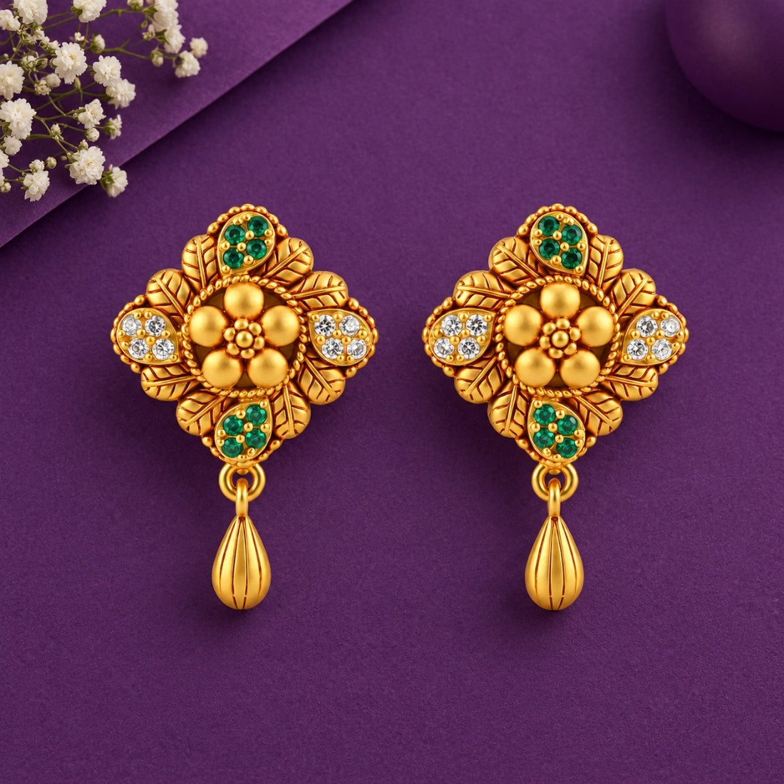 Vasantika Mandala 925 Sterling Silver Emerald & Crystal Temple Dangle Earrings