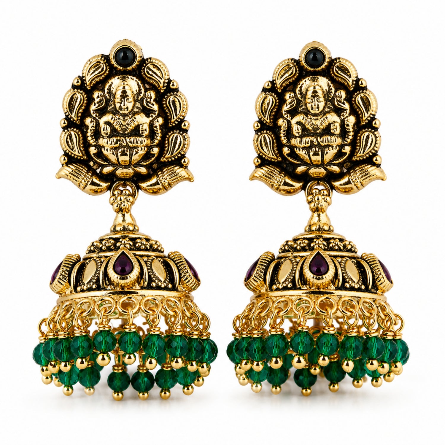 The Lakshmi Emerald Cascade Jhumka – 925 Sterling Silver (Antique Gold Finish)