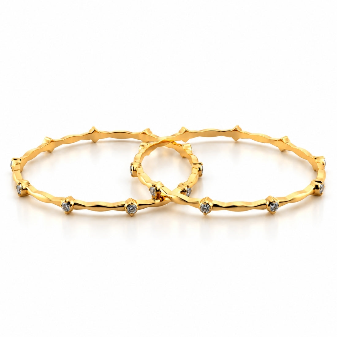 The Regal Fleur Wave Solitaire Bangles (Set of 2 in 925 Sterling Silver with Premium 24K Gold Polish)