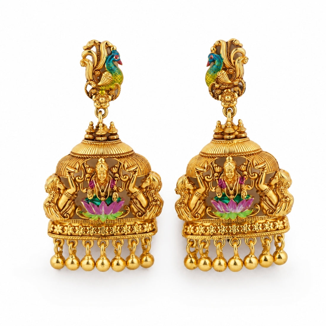 The Gajalakshmi Mayura Mandapam Jhumkas (Gold-Plated 925 Sterling Silver)