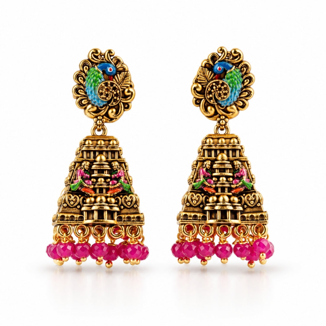 The Mayur Gopuram Fuchsia Enamel 925 Silver Jhumkas