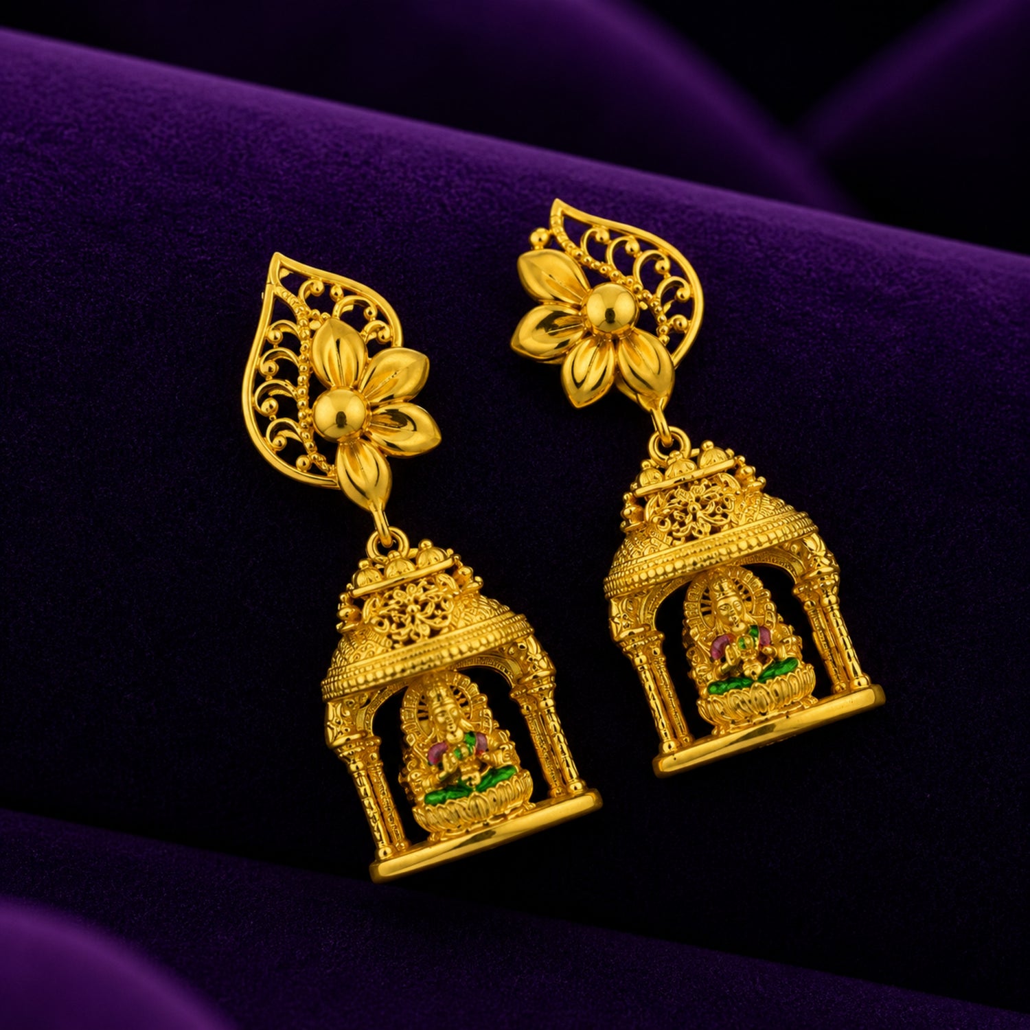 Goddess Lakshmi Mandapam Gold-Polished Silver Jhumka