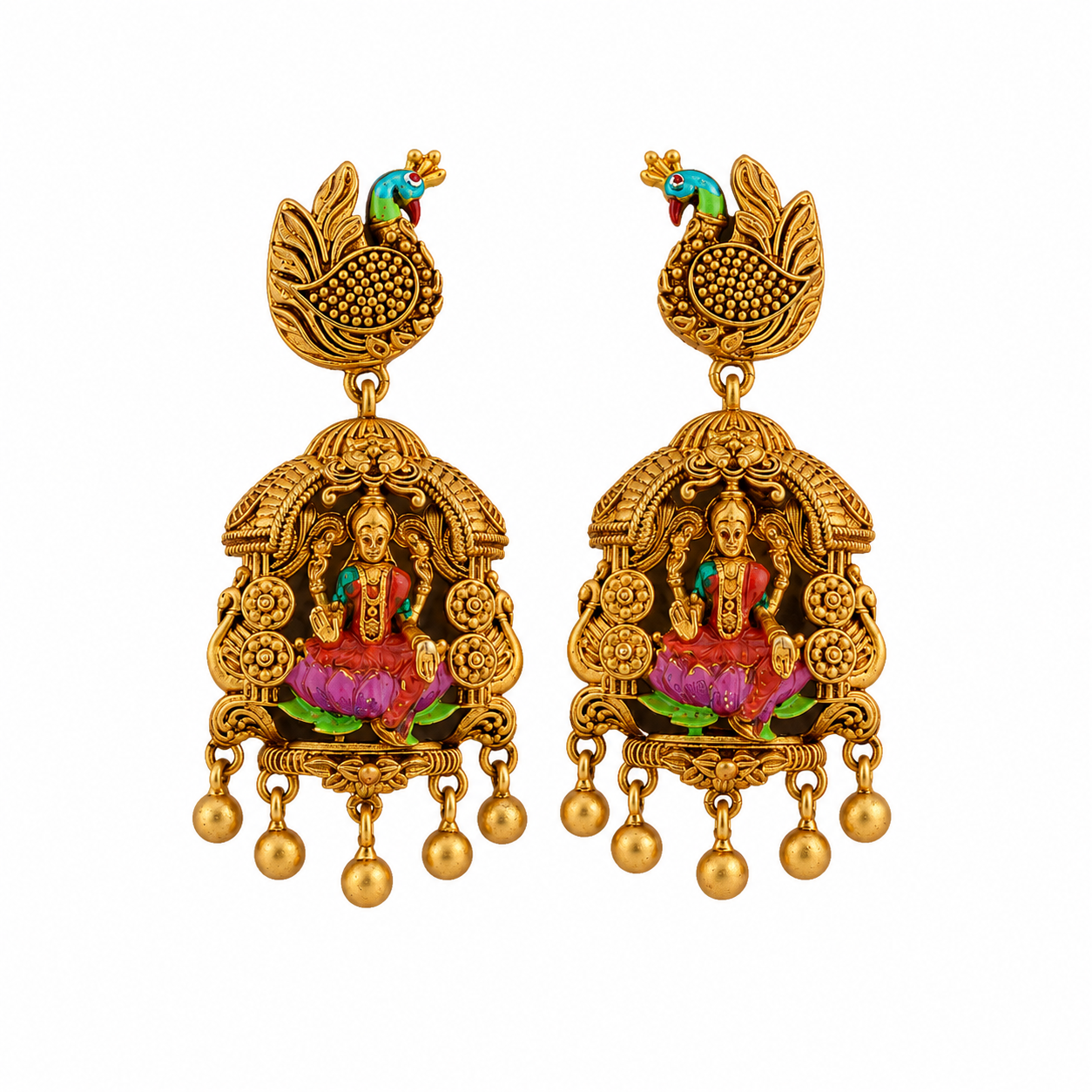 Divine Peacock & Lakshmi Arch Gold-Plated 925 Silver Drops